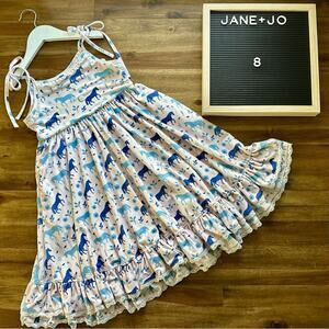Jane + Jo House Dress Pink Blue Wild Horses Ruffle Sleeveless Lace Straps 8
